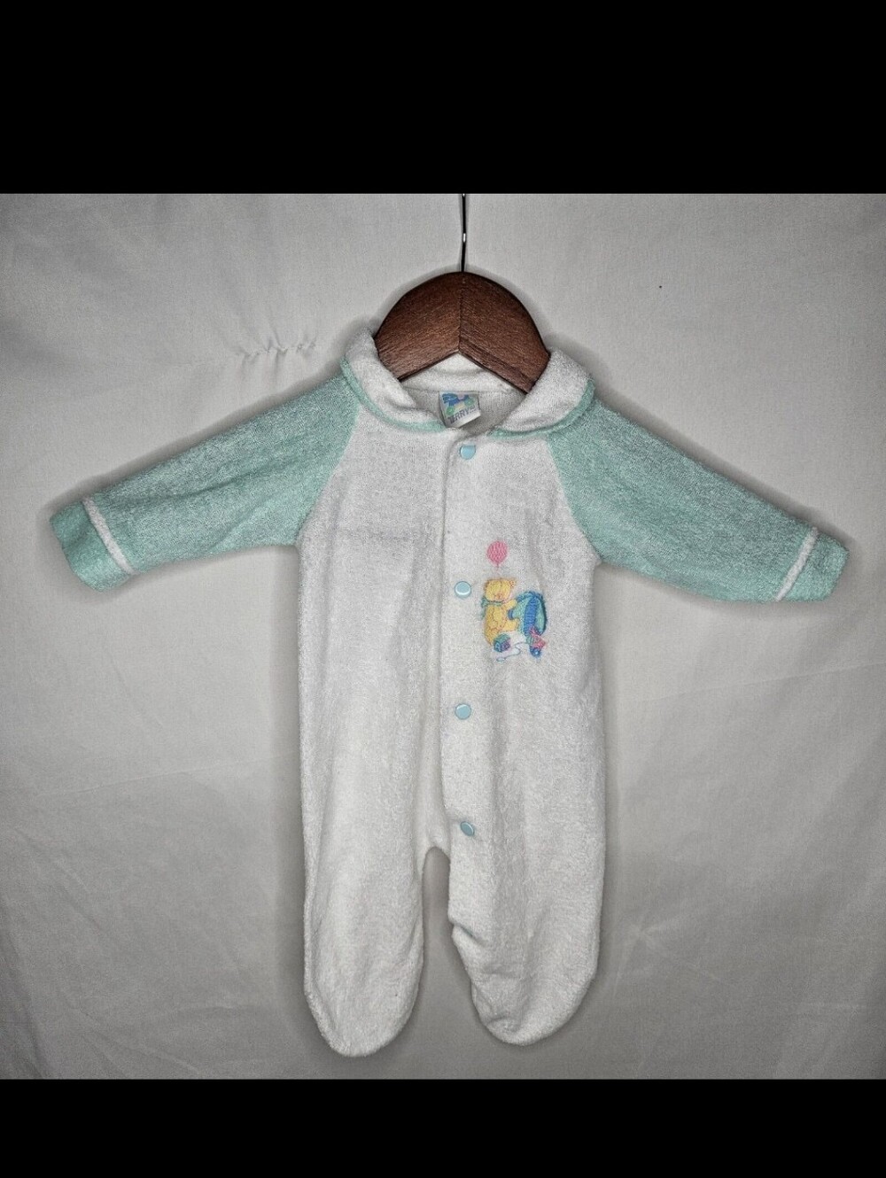 Vintage Terry Pastel White Footie Romper Embroidery Teddy Bear Toys Newborn Baby